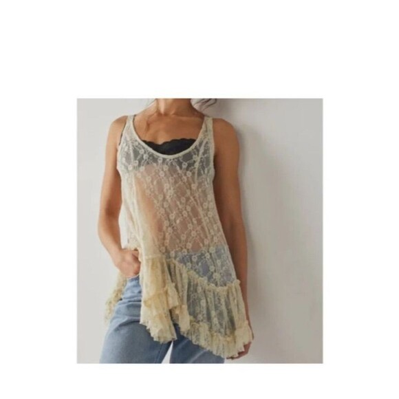 Free People Top Womens Small Ivory Everything in Lace Tunic Tiered Blouse - Picture 9 of 9